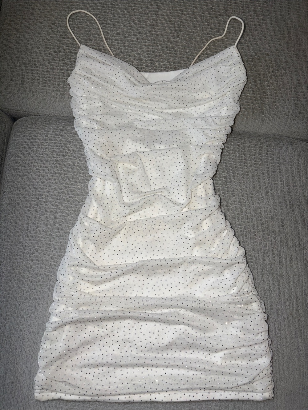 White Sparkle Ruched Spaghetti-Strap Mini Dress